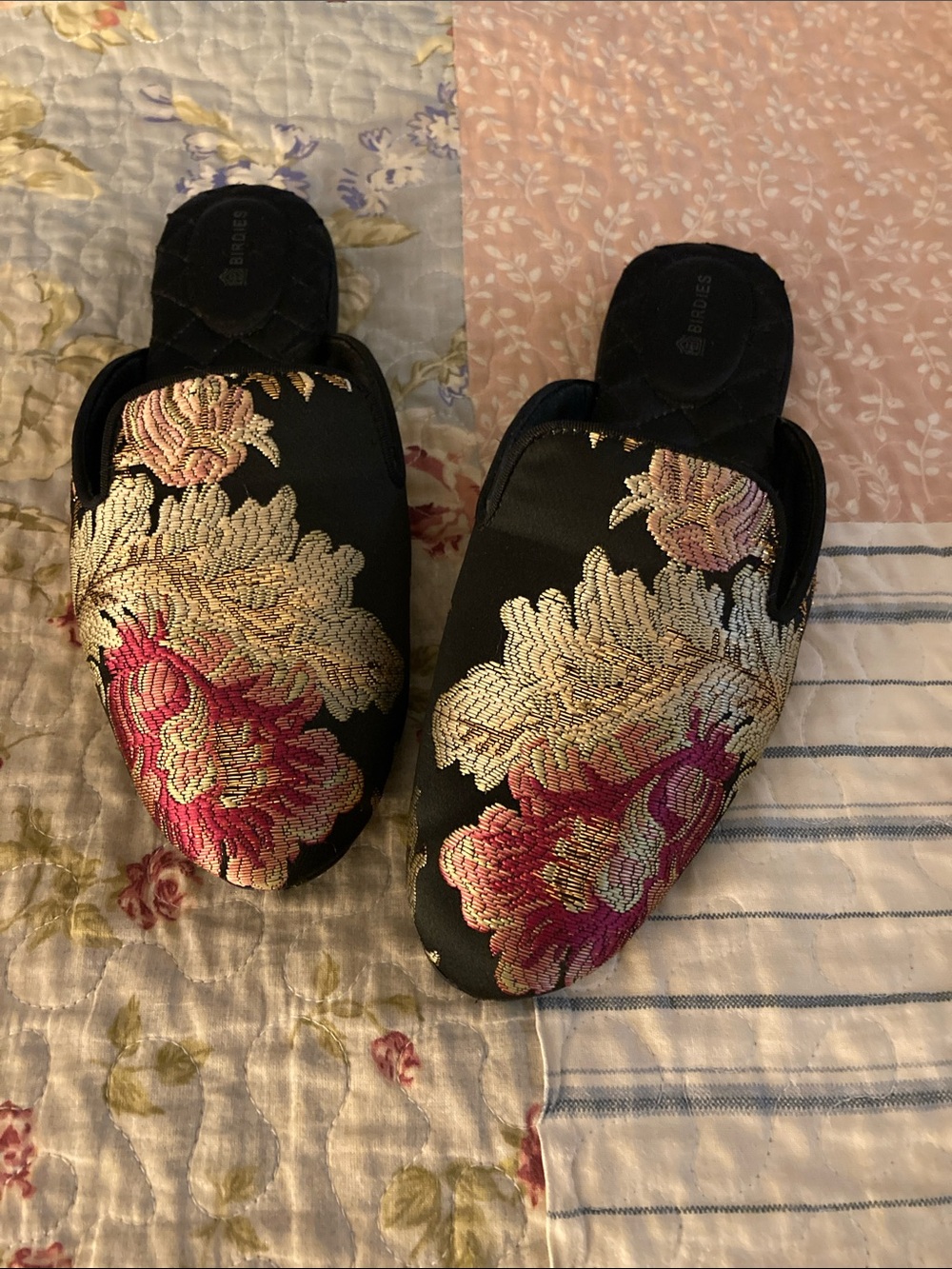 Birdies Black Slip-On Slippers with Pink and Gold Floral Jacquard